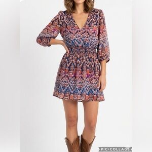 Glam Dress Blouson Mini Coral Blue S Boho Peasant Festival Party Southwestern